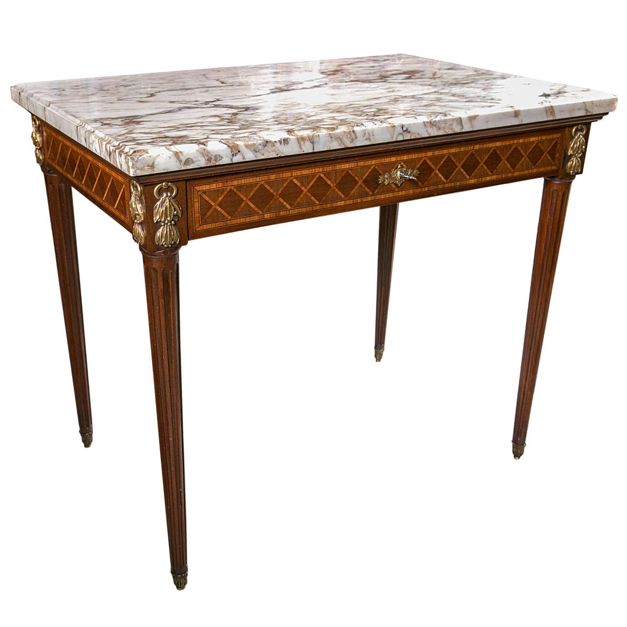 French Marquetry Inlaid Marble-Top Table For Sale