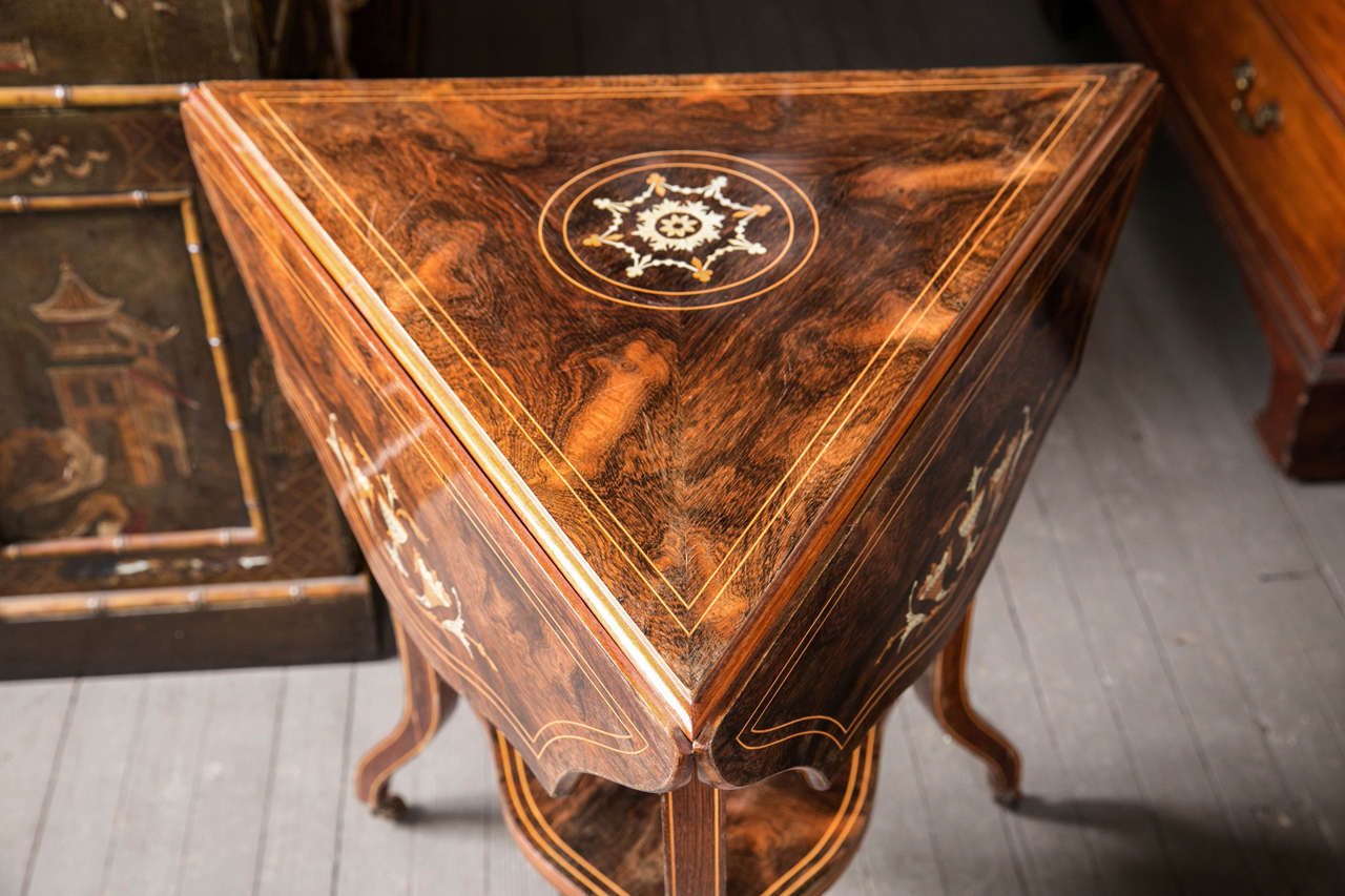 Unusual Pair of Three-Sided Inlaid Occassional Tables In Excellent Condition In Woodbury, CT