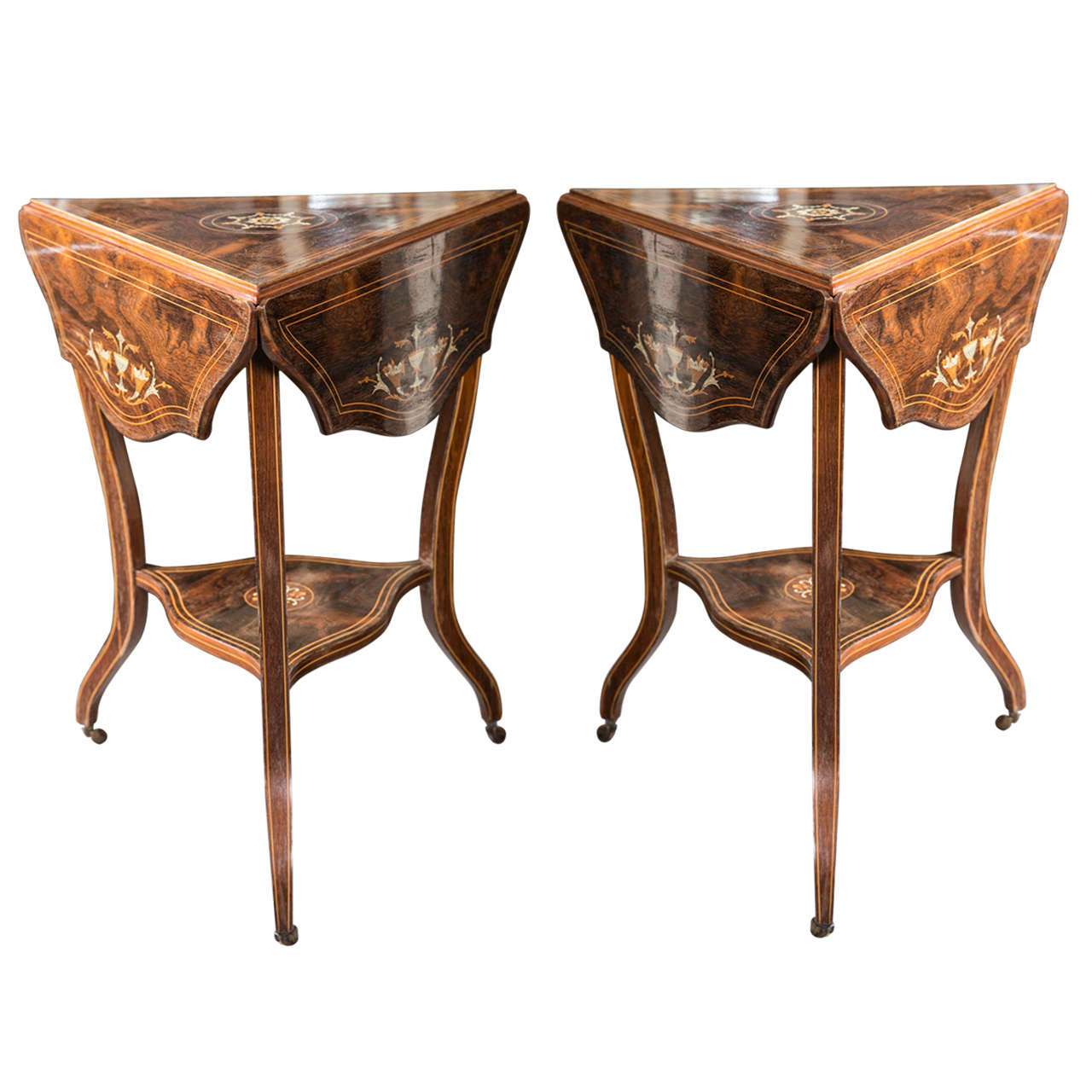 Unusual Pair of Three-Sided Inlaid Occassional Tables