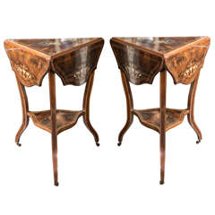 Antique Unusual Pair of Three-Sided Inlaid Occassional Tables