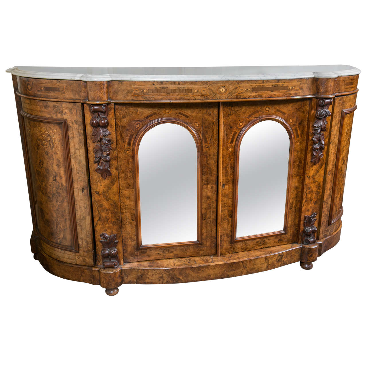 Marble-Top and Burl Walnut Renaissance Revival Credenza For Sale