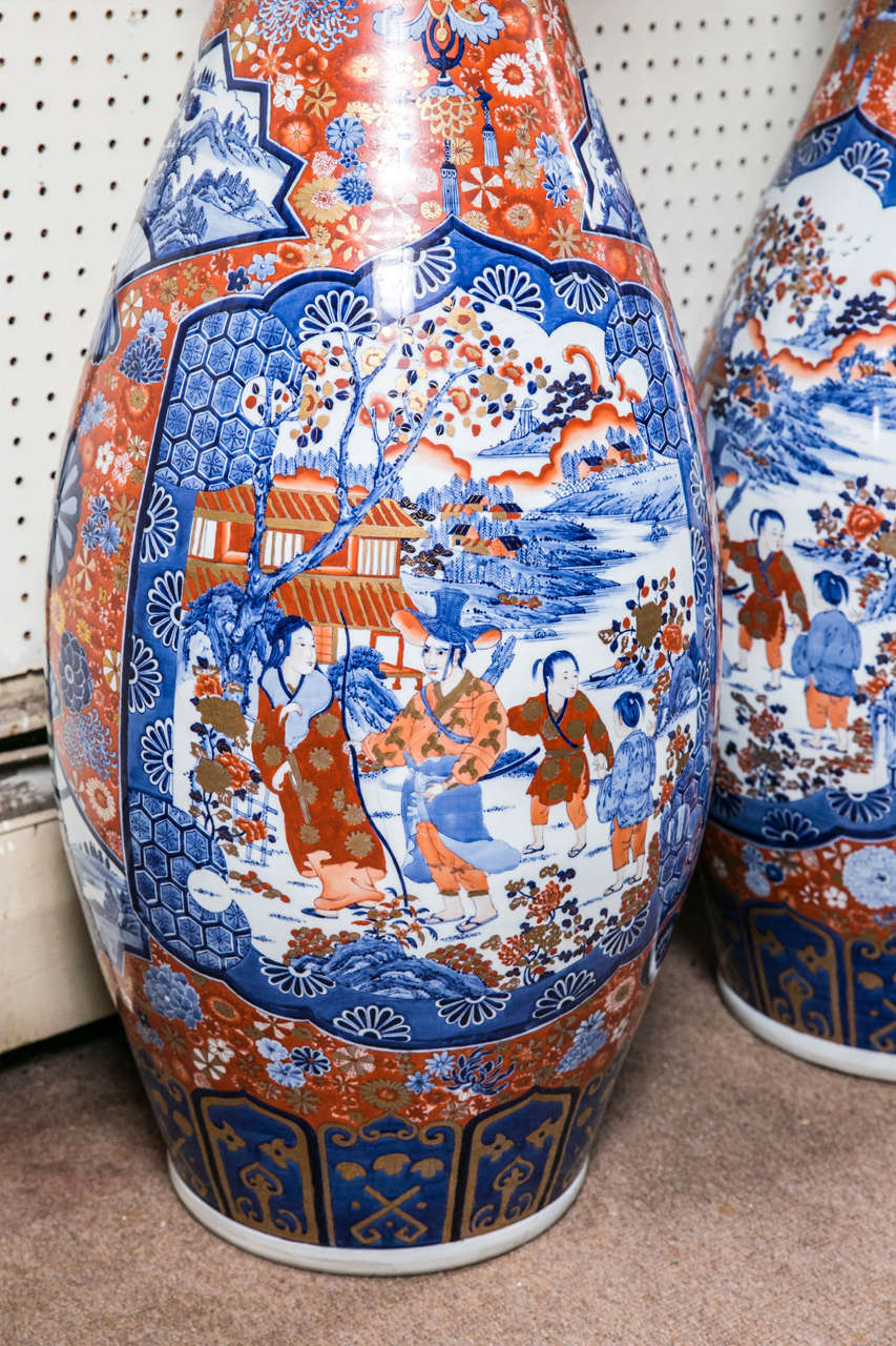 Hand-Painted Large Pair of Imari Floor Vases For Sale