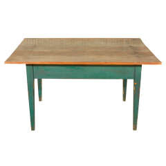 Antique Early & Unusual 19thc Original Green Painted Farm Table W/drawer