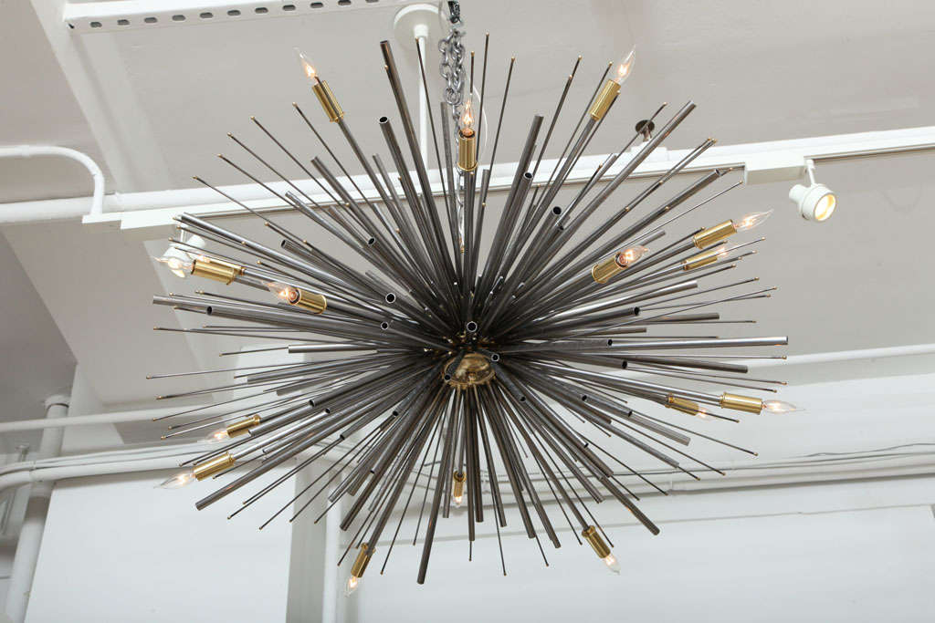American Custom Supernova Chandelier in Natural Steel by Lou Blass, with 18 Lights For Sale