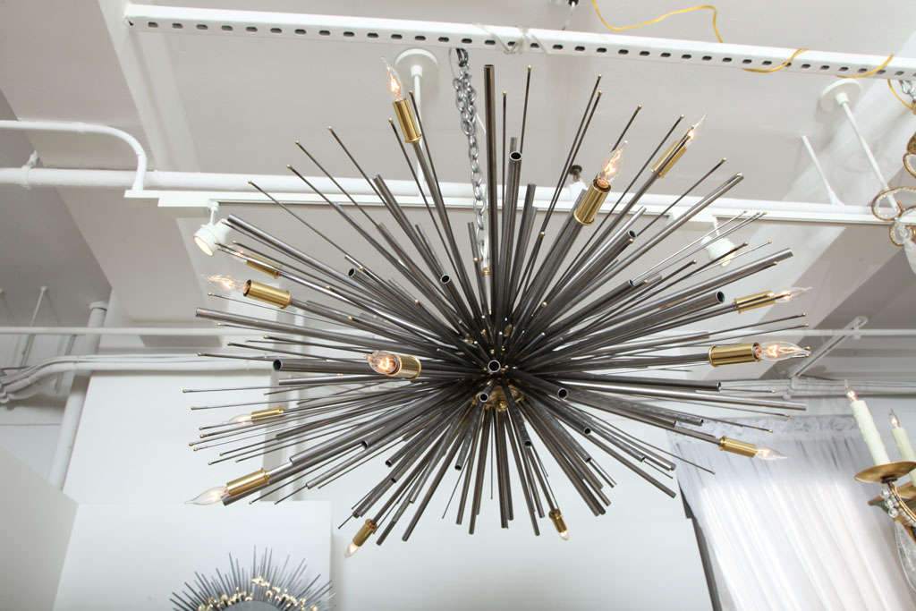 Bronze Custom Supernova Chandelier in Natural Steel by Lou Blass, with 18 Lights For Sale