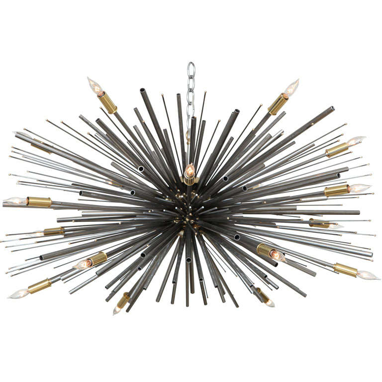 Custom Supernova Chandelier in Natural Steel by Lou Blass, with 18 Lights For Sale