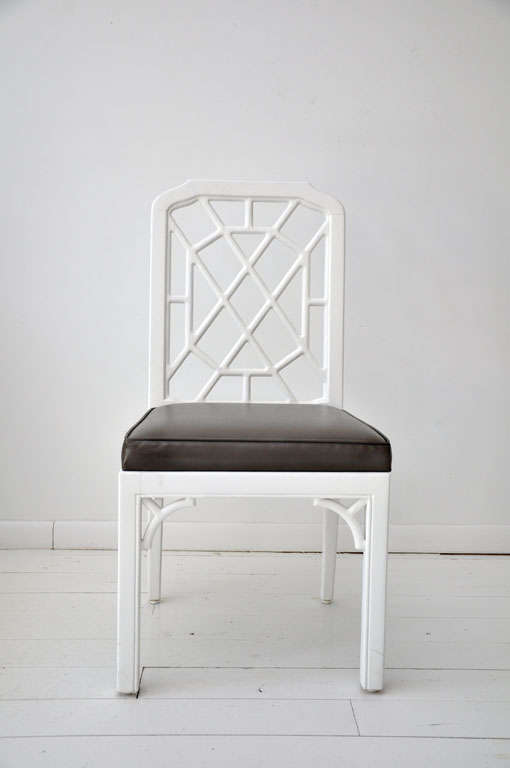 Set of 6 chairs painted white in the manner of John Widdicomb. Newly reupholstered in Brentano bronze colored fabric.