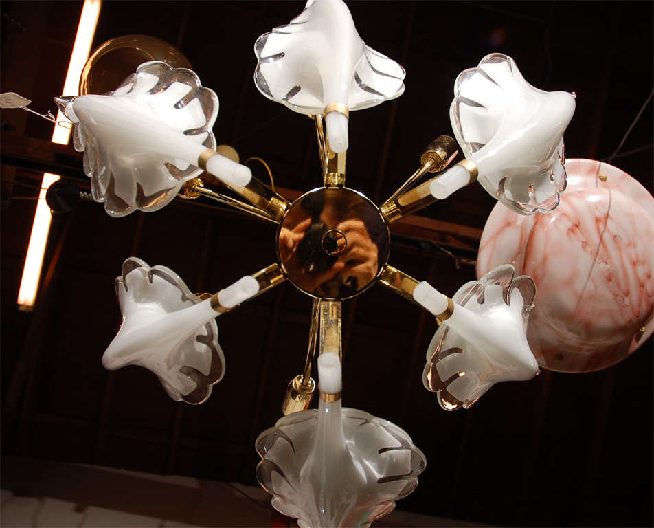 1960's Murano Glass & Brass Six Light Chandelier In Good Condition For Sale In Culver City, CA