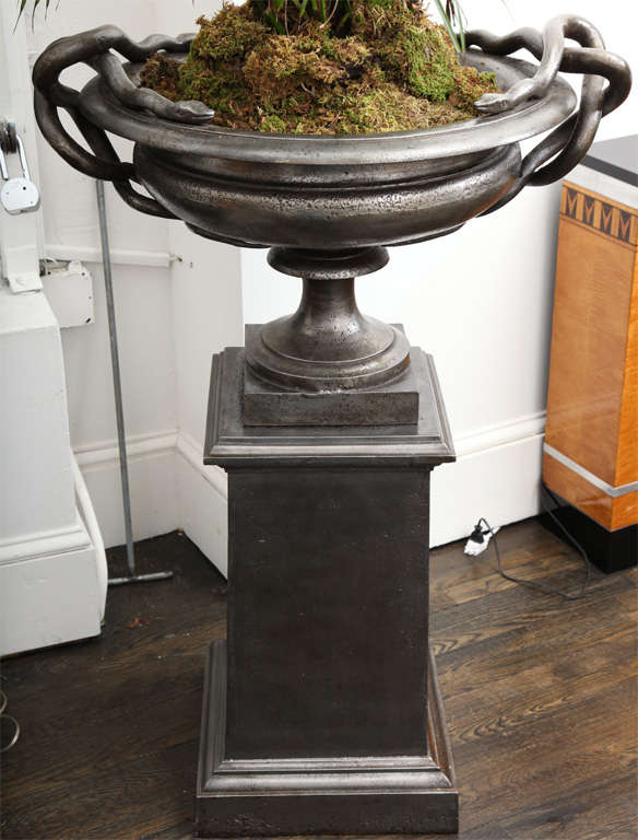 A Monumental Classical Modern Iron Planter and Pedestal