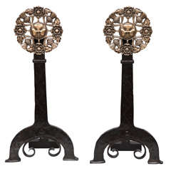 A Pair of iron and brass Andirons attributed to Oscar B Bach