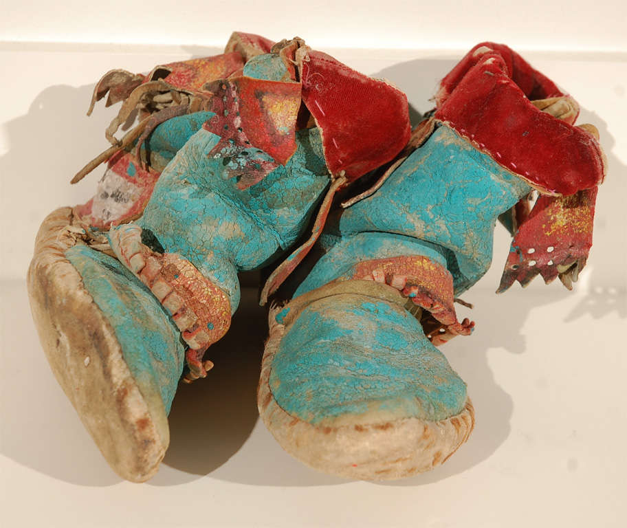 Painted moccasins used in ceremonial Pueblo dances. Made, worn and danced in by Zuni Native Americans.