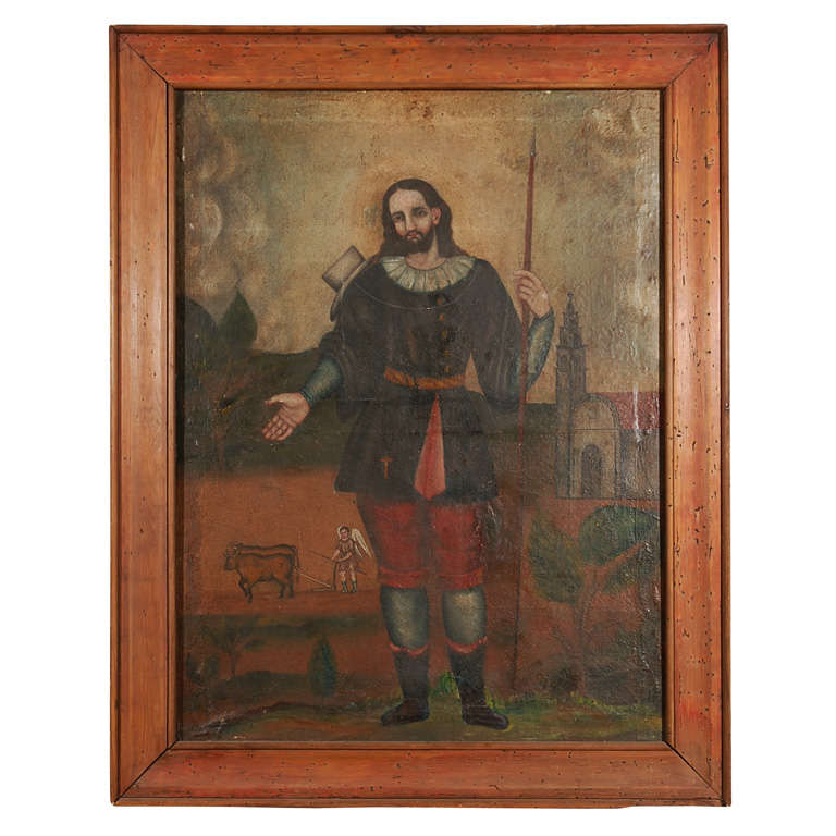 19th Century Framed Portrait of San Ysidro, Oil on Canvas
