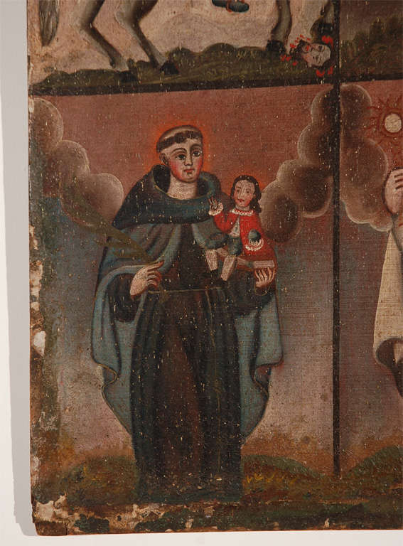 Primitive Spanish Colonial oil painting of four portraits of Catholic Saints. Likely Mexican or South American origin.