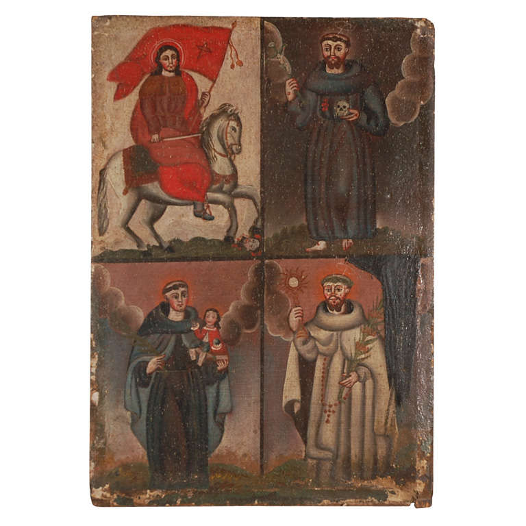 19th Century Oil of Santiago, St. Anthony, St. Francis, and perhaps St. Peter