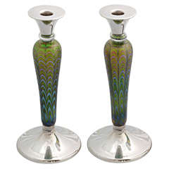 Unusual Pair of Sterling Silver-Mounted Art Glass Candlesticks