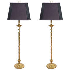 Pair of Mid Century Brass Floor Lamps with Custom Shades