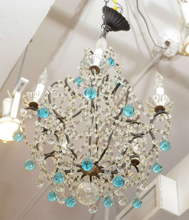 20th Century Vintage French Crystal Chandelier with Blue Accents