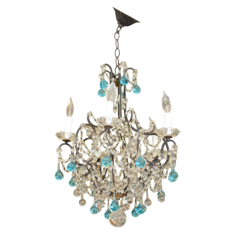 Vintage French Crystal Chandelier with Blue Accents
