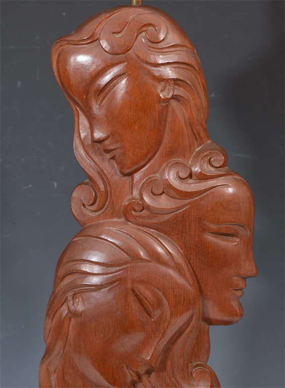 American Art Deco Carved Wood Figural Lamp by Heifetz