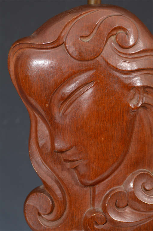 Mid-20th Century Art Deco Carved Wood Figural Lamp by Heifetz