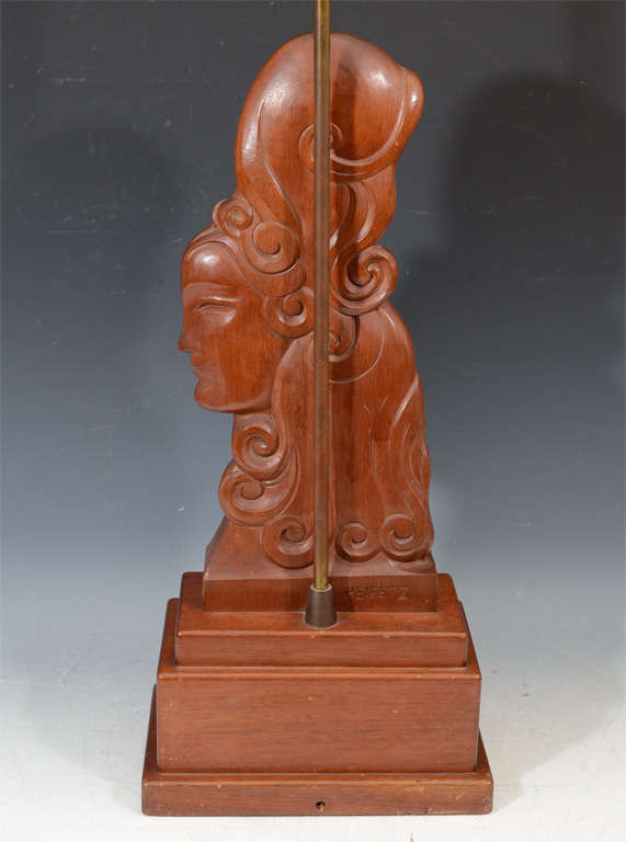 Art Deco Carved Wood Figural Lamp by Heifetz 1