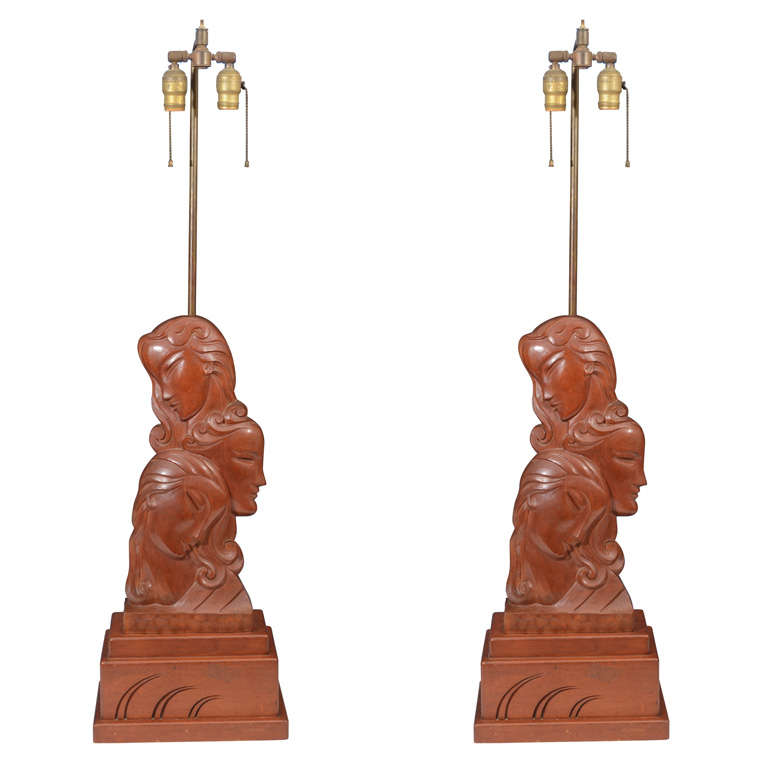 Art Deco Carved Wood Figural Lamp by Heifetz