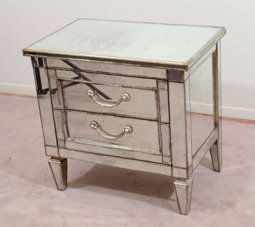 Pair of Vintage Mirrored Nightstands w/ SilverLeafed Wood Trim at 1stdibs