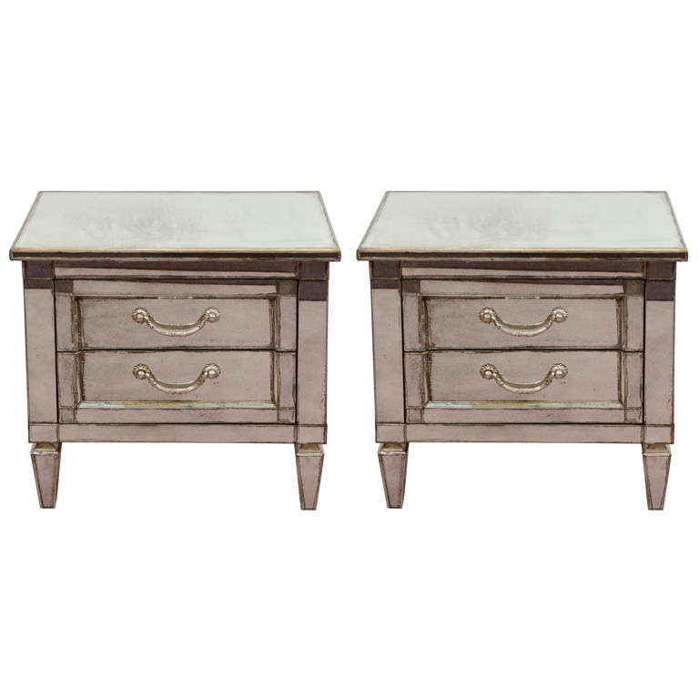 Pair of Vintage Mirrored Nightstands w/ SilverLeafed Wood Trim at 1stdibs