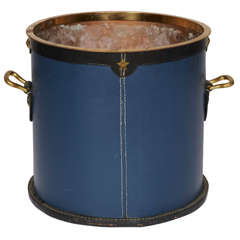 Fantastic 1950's Blue Stitched Leather Bin by Jacques Adnet