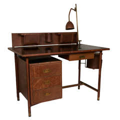 Fantástico escritorio de cuero cosido de los años 50 de Jacques Adnet
