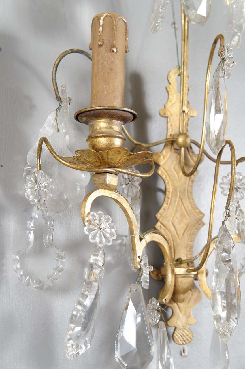 French Gilt-Metal & Crystal Electrified Sconces, Pair