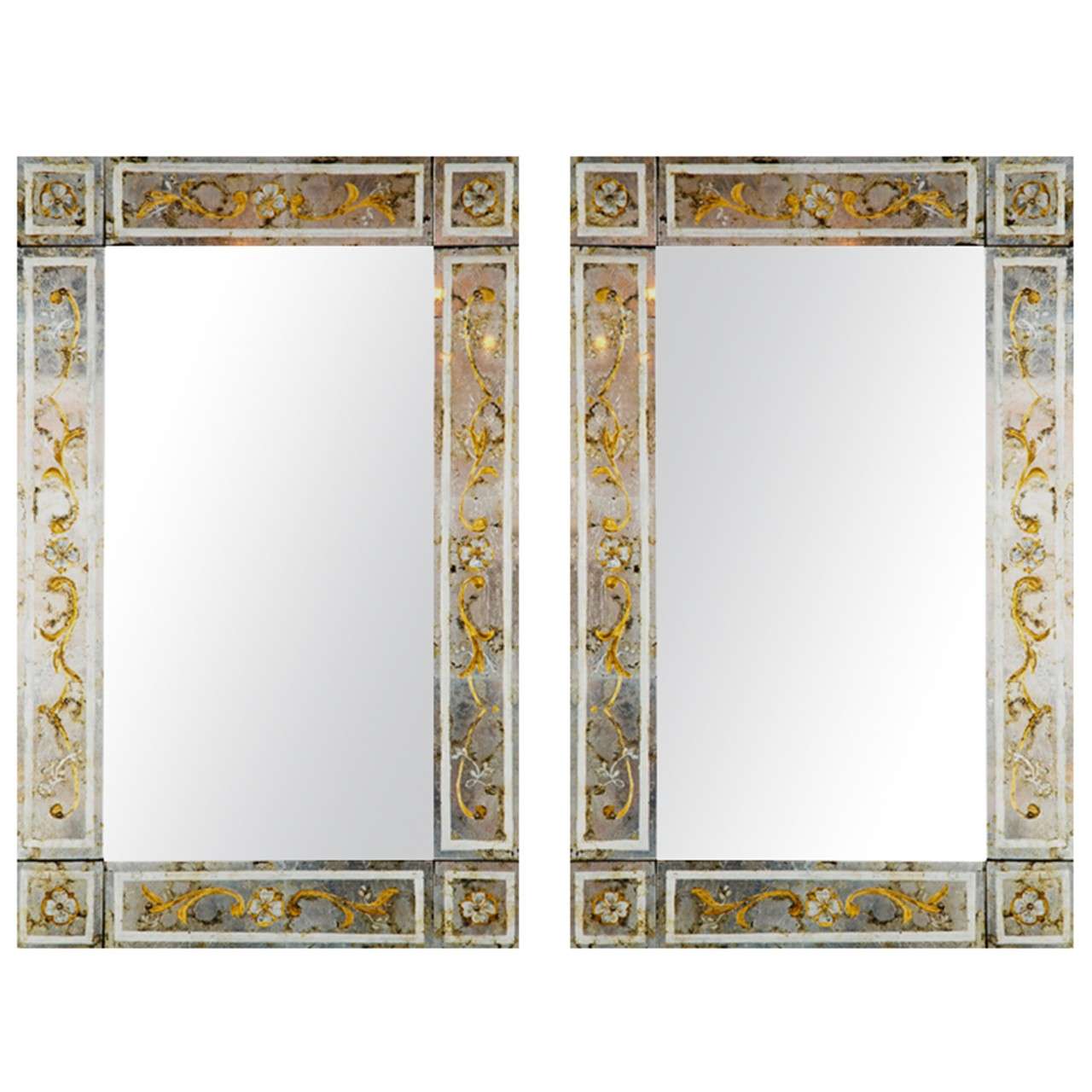Pair of Reverse Painted Glass Mirrors attri. to Jansen