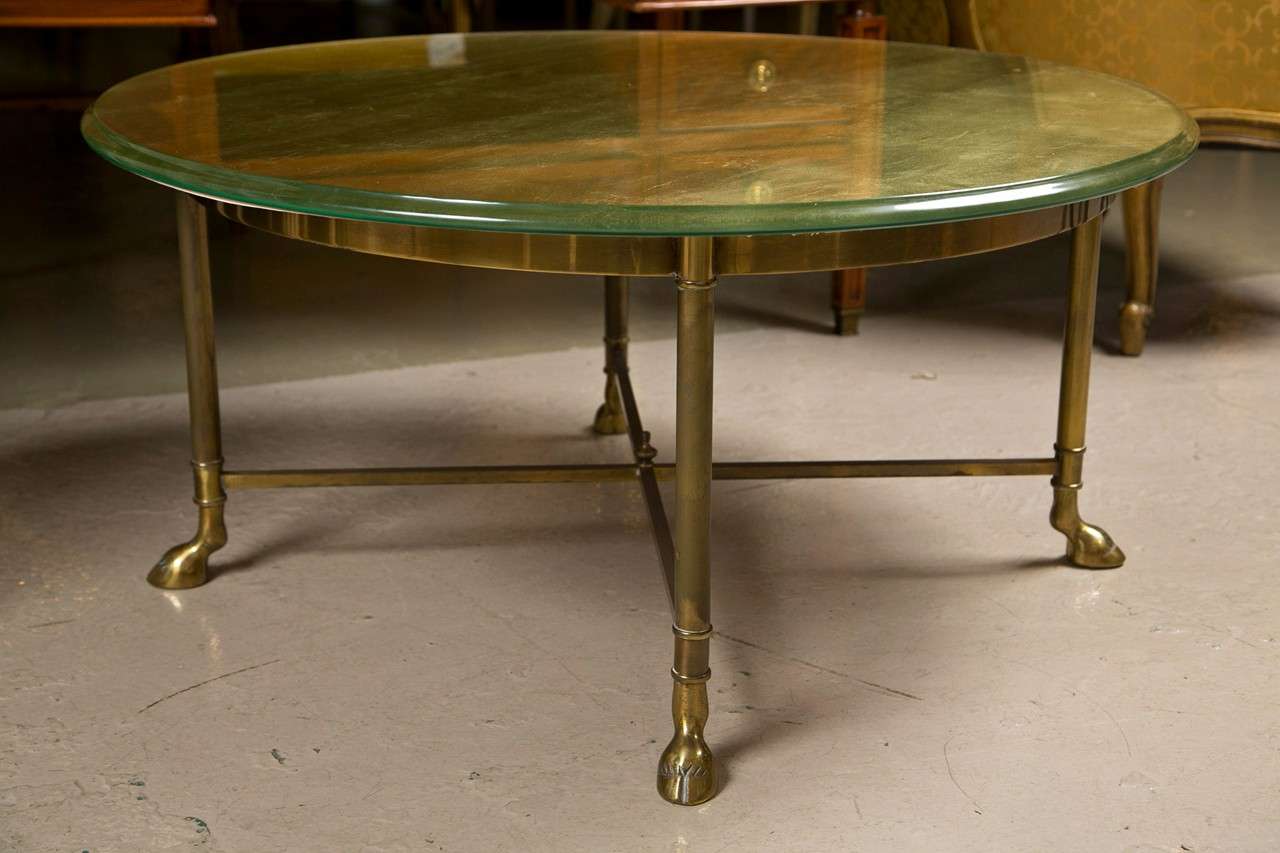 Mid-Century Round Gilt Glass Top Coffee Table Bronze Base Manner Jansen 1