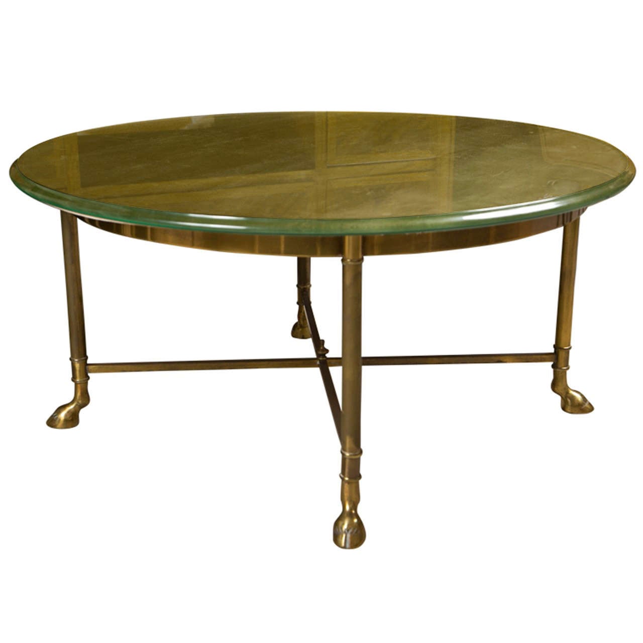 Mid-Century Round Gilt Glass Top Coffee Table Bronze Base Manner Jansen