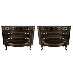 Pair of Ebonized Faux Marble Top Demilune Commodes