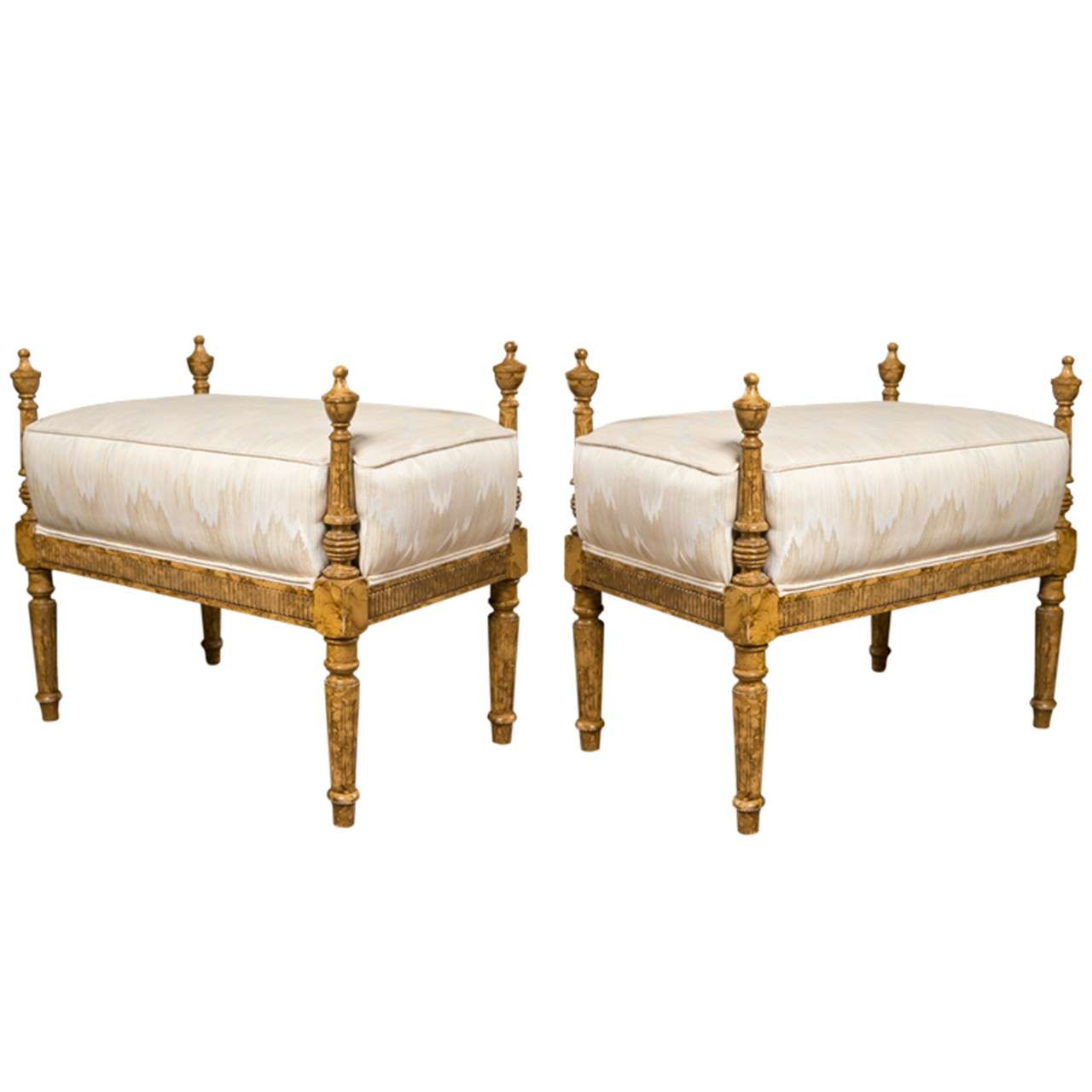 Pair of French Louis XVI Style Painted Benches 1940s Painted In Faux Finish