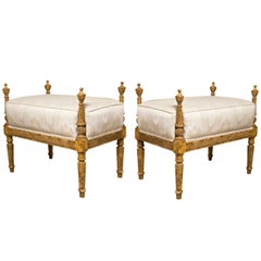 Pair of French Louis XVI Style Painted Benches 1940s Painted In Faux Finish
