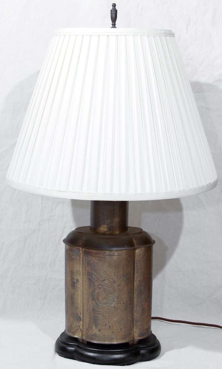 A charming vintage Chinese brass tea caddy converted into a lamp