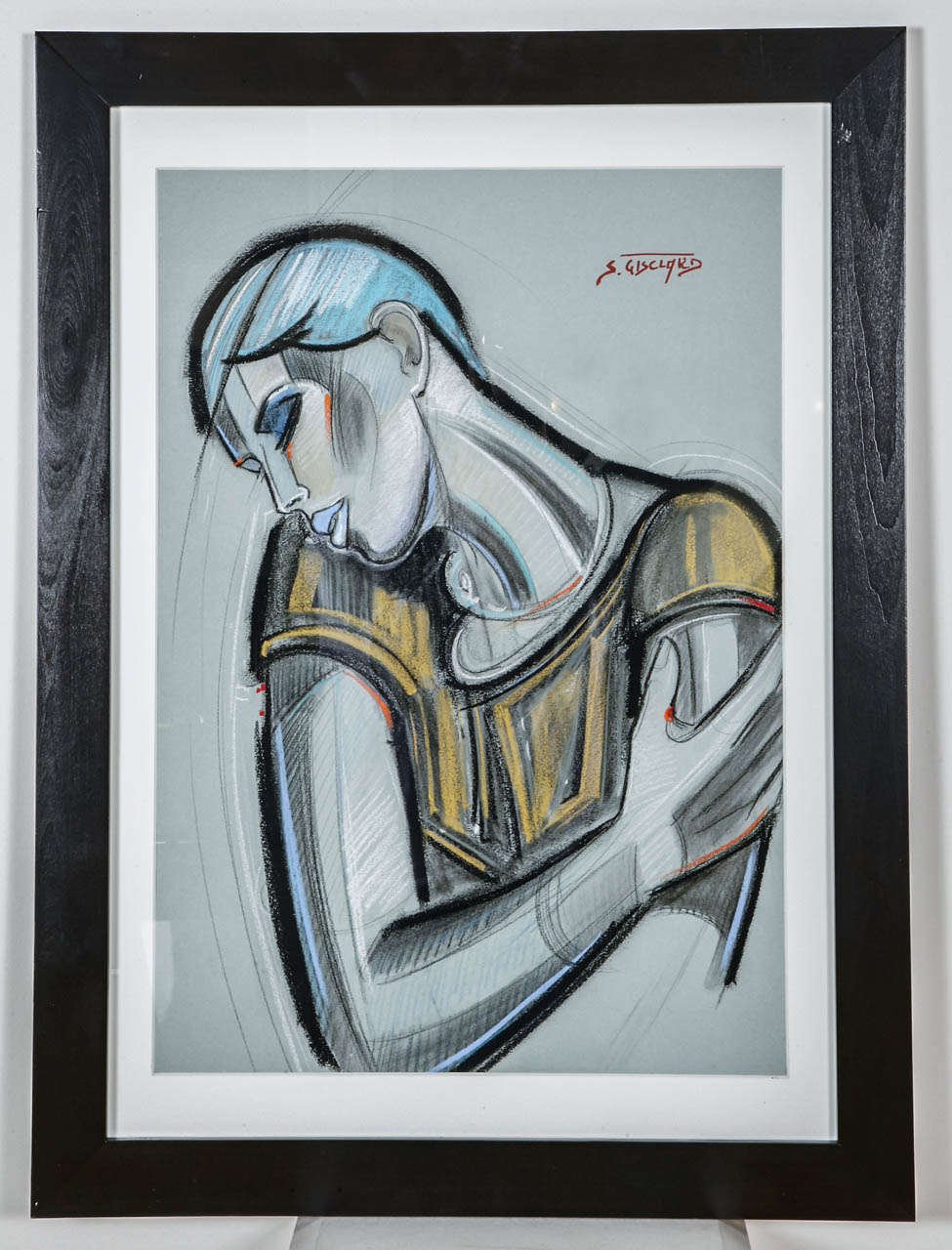 French contemporary pastel representing a young woman with an urchin cut ('coupe a` la garc¸onne'). Signed on the top right. Pastel dimension: 42cm x 60cm. Black frame dimension: 58cm x 78cm.
