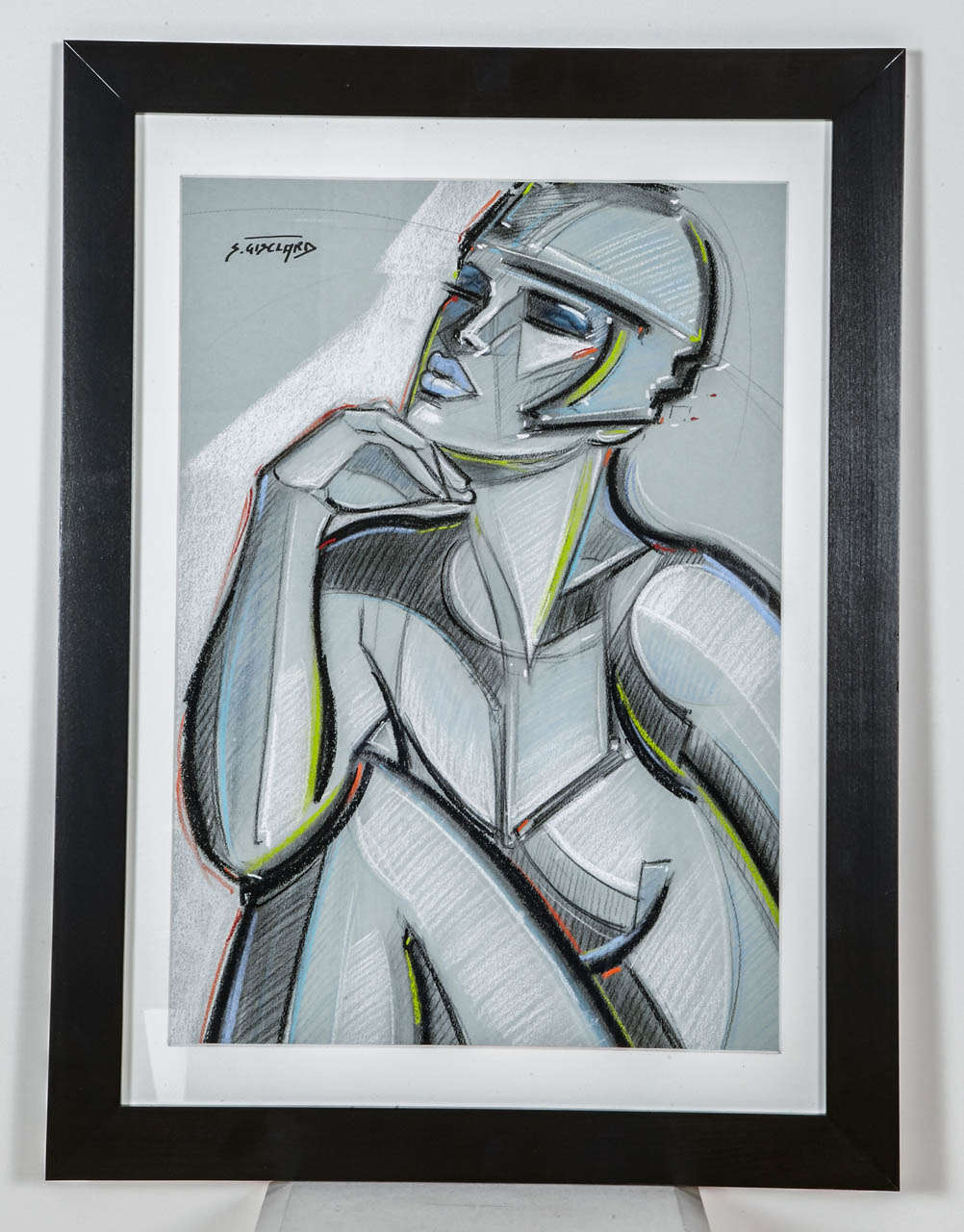 French contemporary pastel representing a young woman with a helmet. Signed on the top left. Pastel dimension: 42cm x 60cm. Black frame dimension: 58cm x 78cm.