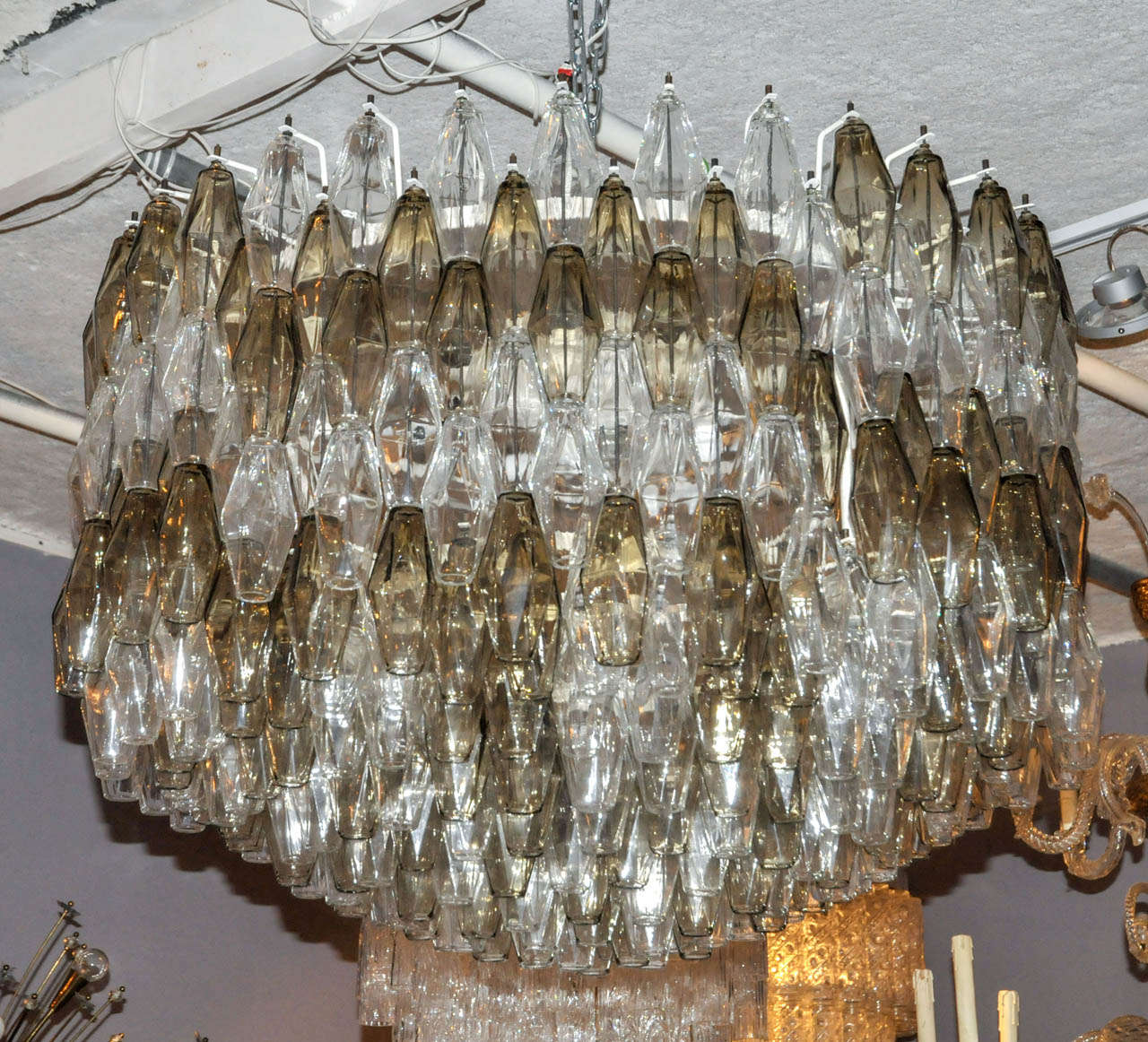 1970-1980's large chandelier. Venin glass. Restored mounting. Ten blubls inside the cha,relier. Wired for European use.  Good condition. Normal wear consistent with age and use.