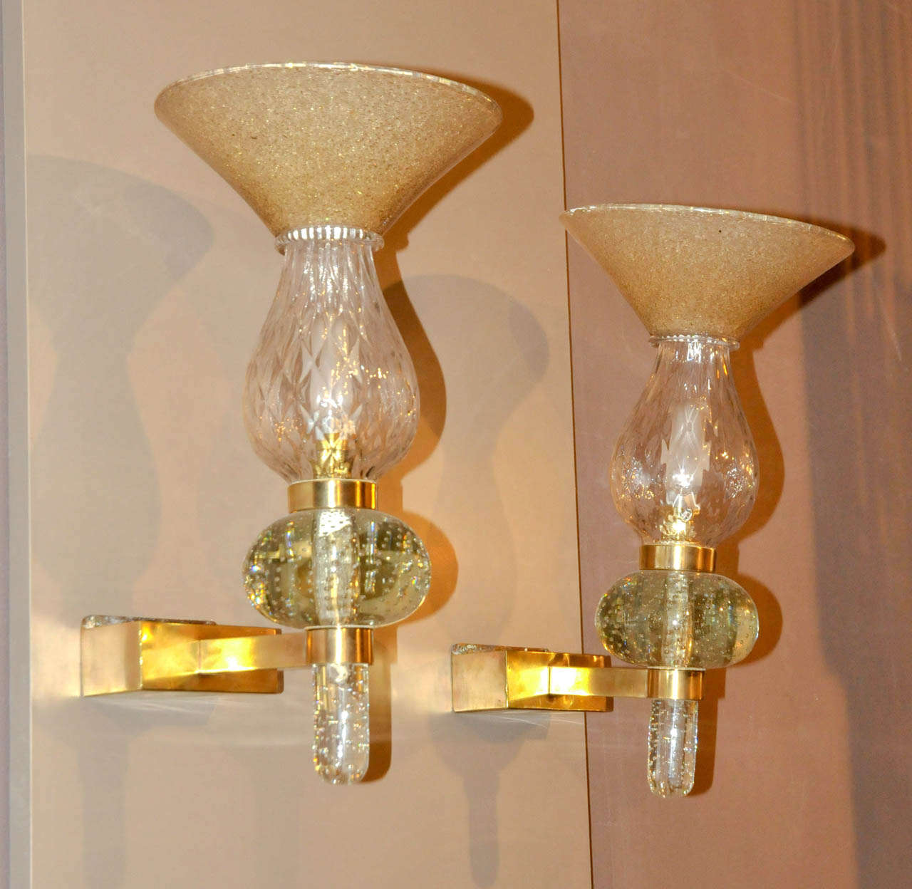 Italian Pair of 1950's Murano Glass and Brass Sconces For Sale