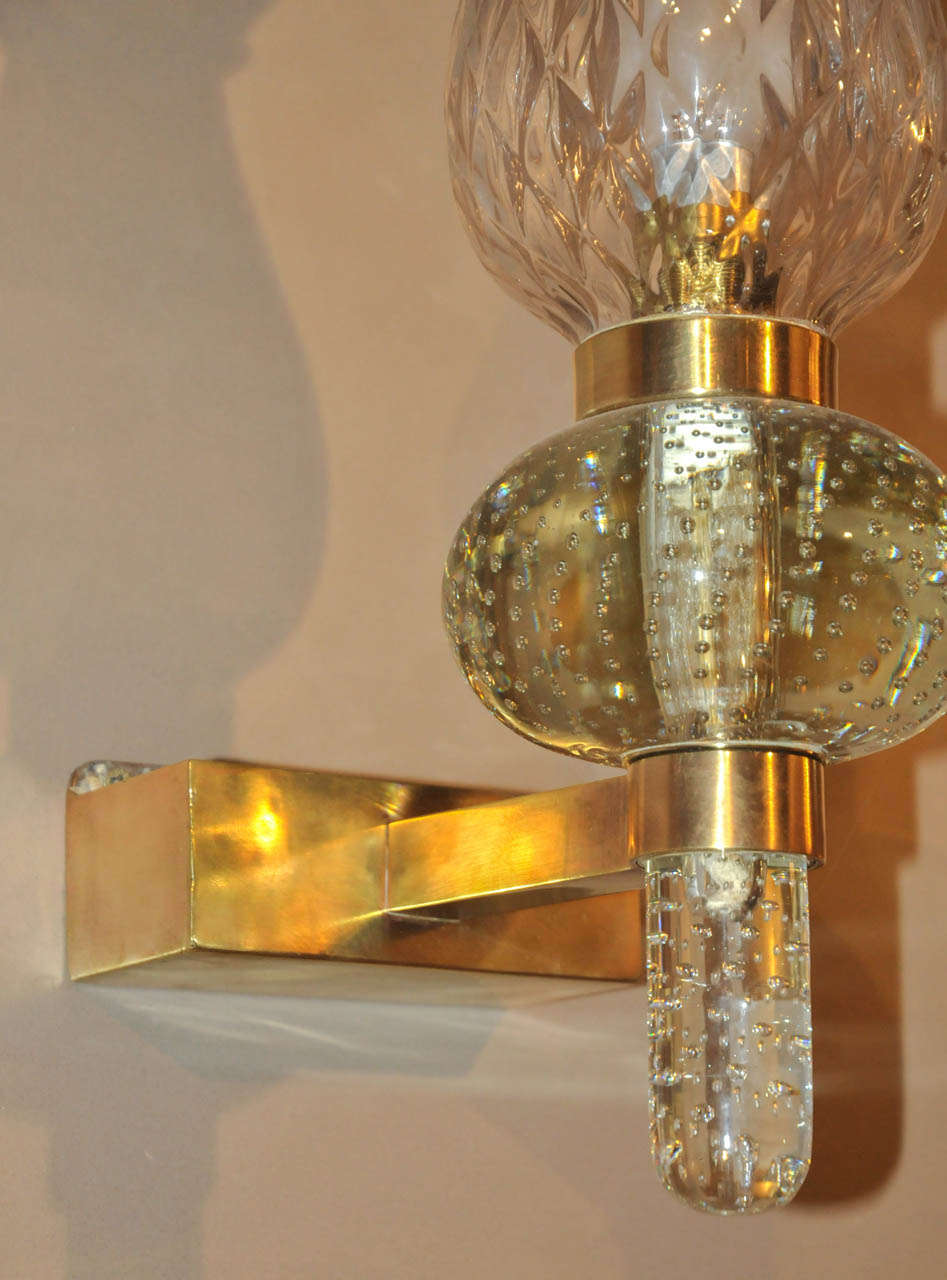 Pair of 1950's Murano Glass and Brass Sconces For Sale 2