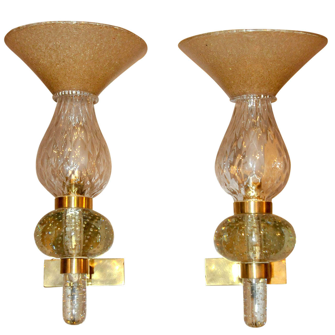 Pair of 1950's Murano Glass and Brass Sconces For Sale