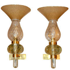 Pair of 1950's Murano Glass and Brass Sconces