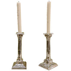 Antique Pair of English Silver Luster Candlesticks in the Classic Columnar Style, c.1800