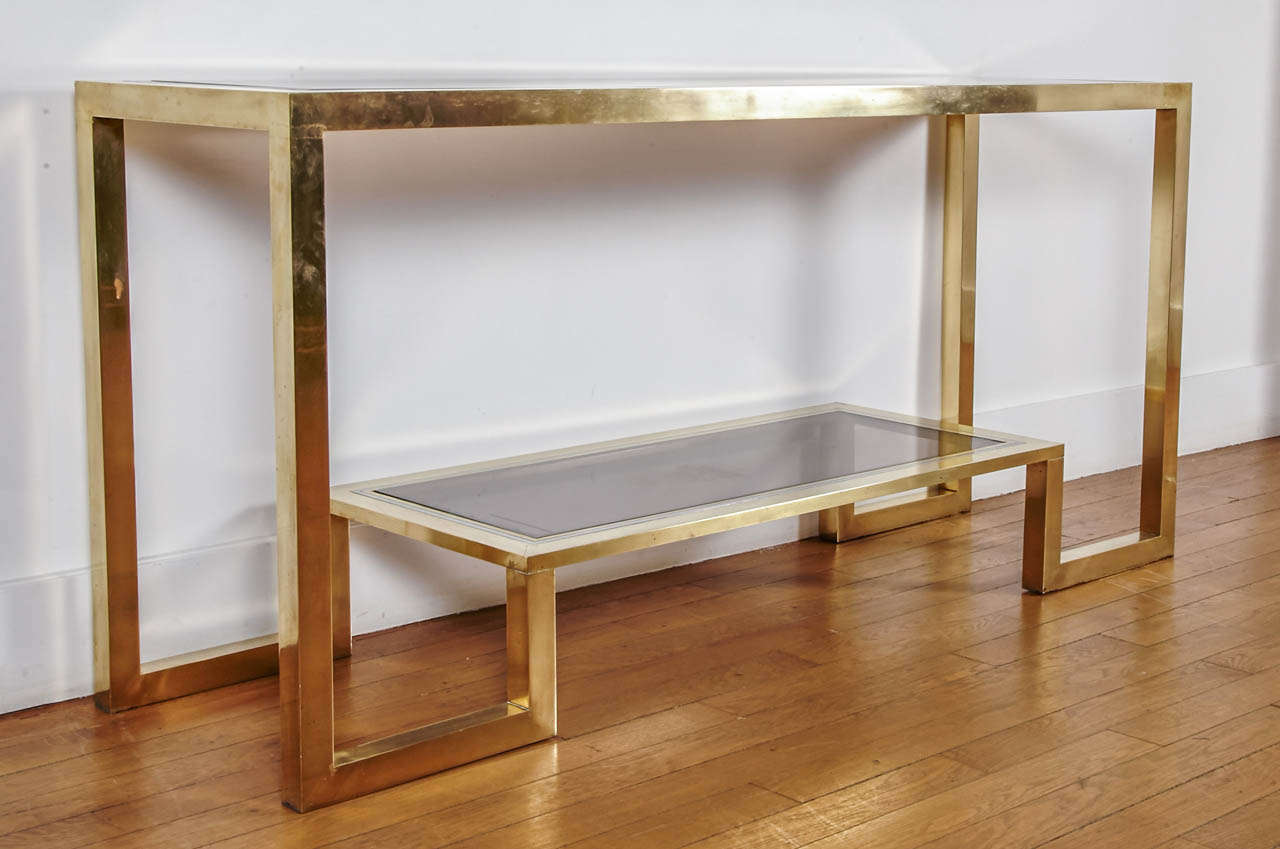 Italian Gilt Brass and chromed Steel Console table by R. Rega, Italy, 1970s For Sale