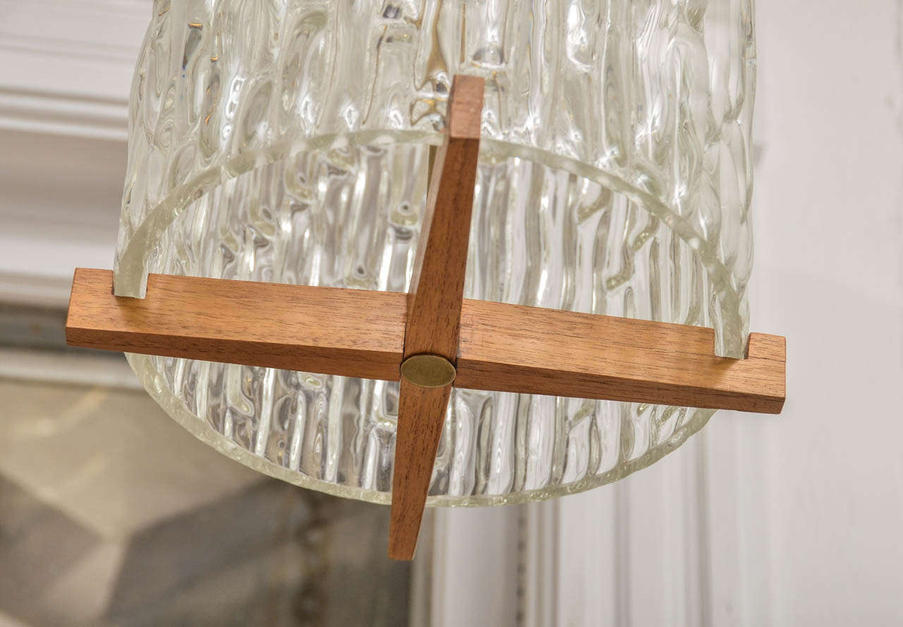 Austrian Textured Glass Pendant with Wood and Brass Detail by Kalmar