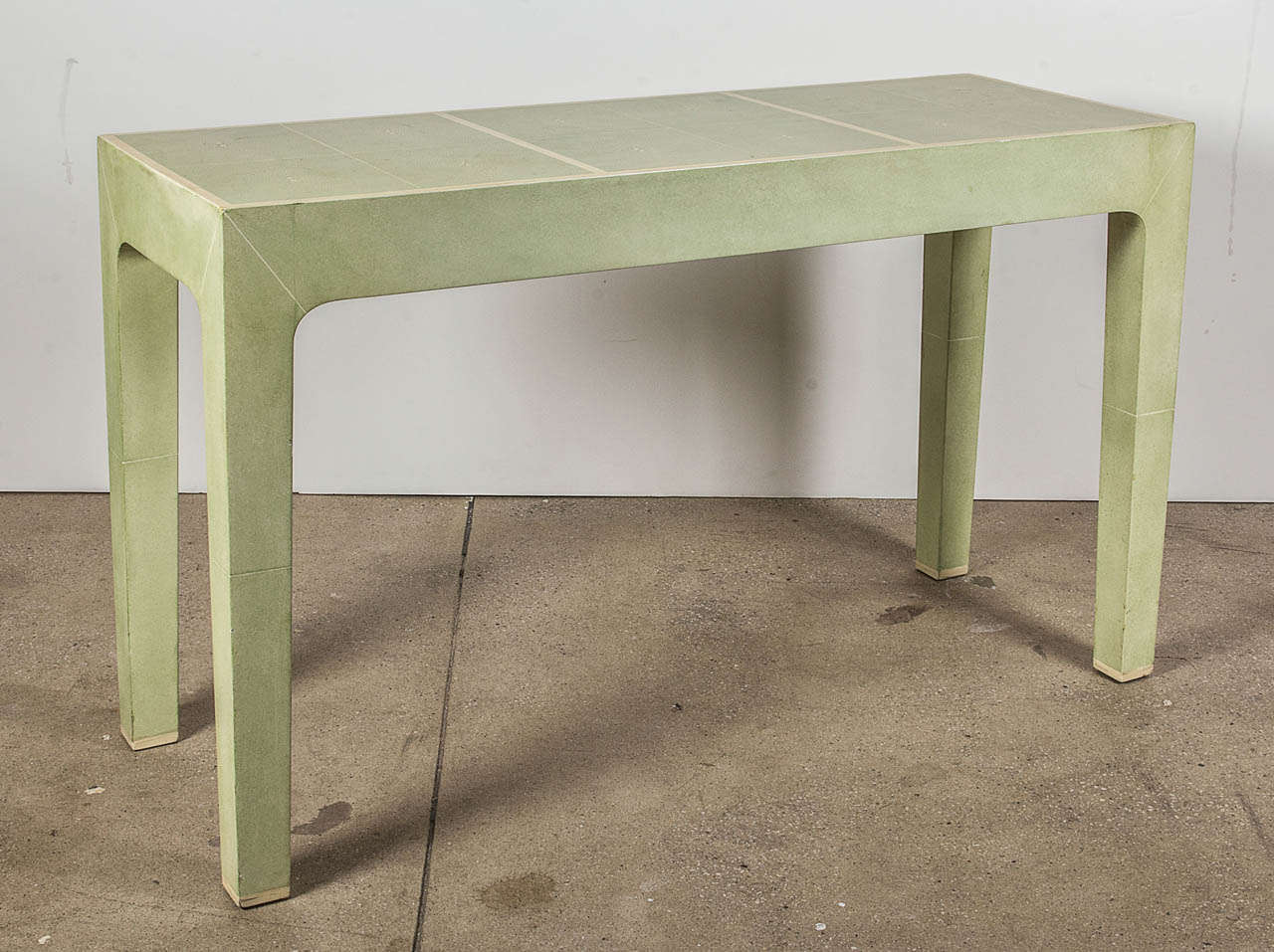 Fantastic shagreen lacquered finish console in pale green and ivory, designed by Karl Springer.