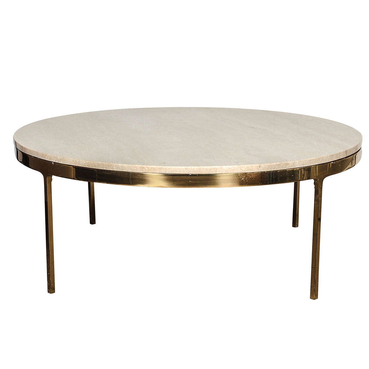 Brass and Travertine Round Coffee Table by Nico Zographos at 1stDibs